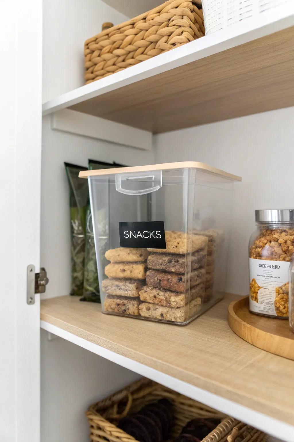 Keep snacks fresh with a simple FIFO bin—new to the back, favorites always upfront.