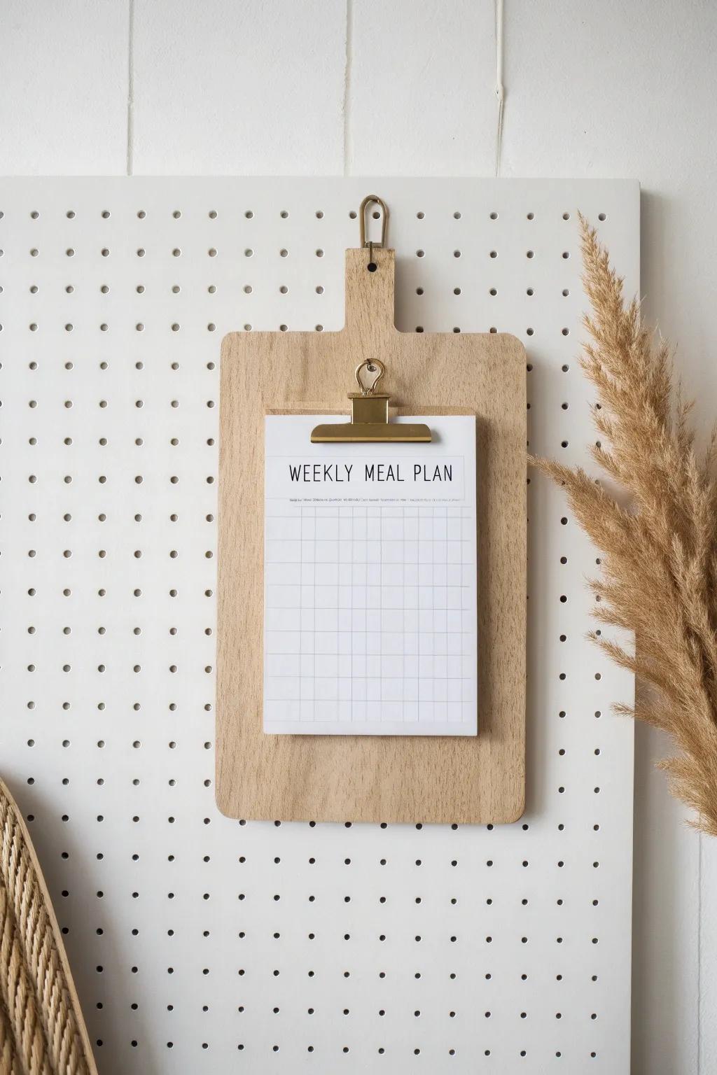 Turn your pegboard into a calming meal-planning corner with clip-on notes and a weekly list.