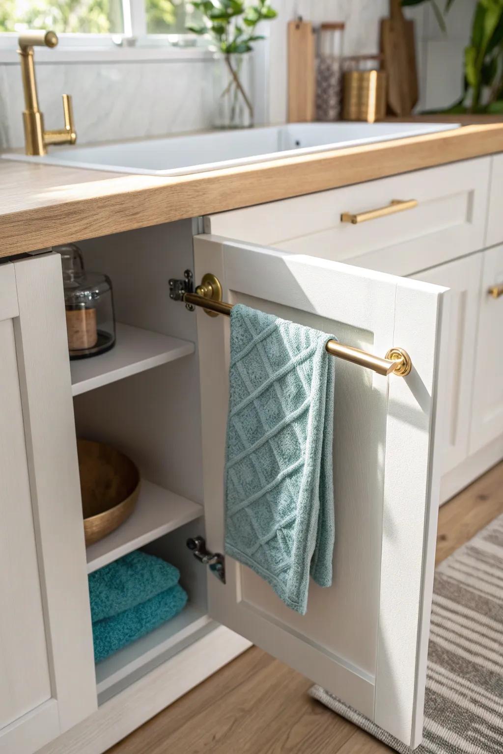 A mini drying bar inside the cabinet door keeps microfiber cloths fresh and odor-free.