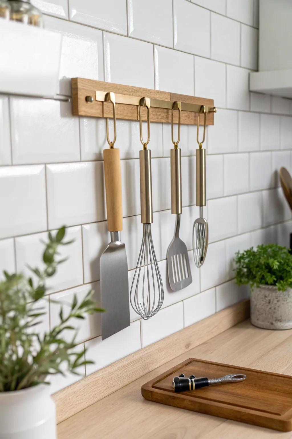 A sleek backsplash tool strip that clears counter clutter and adds a pro-prep vibe.