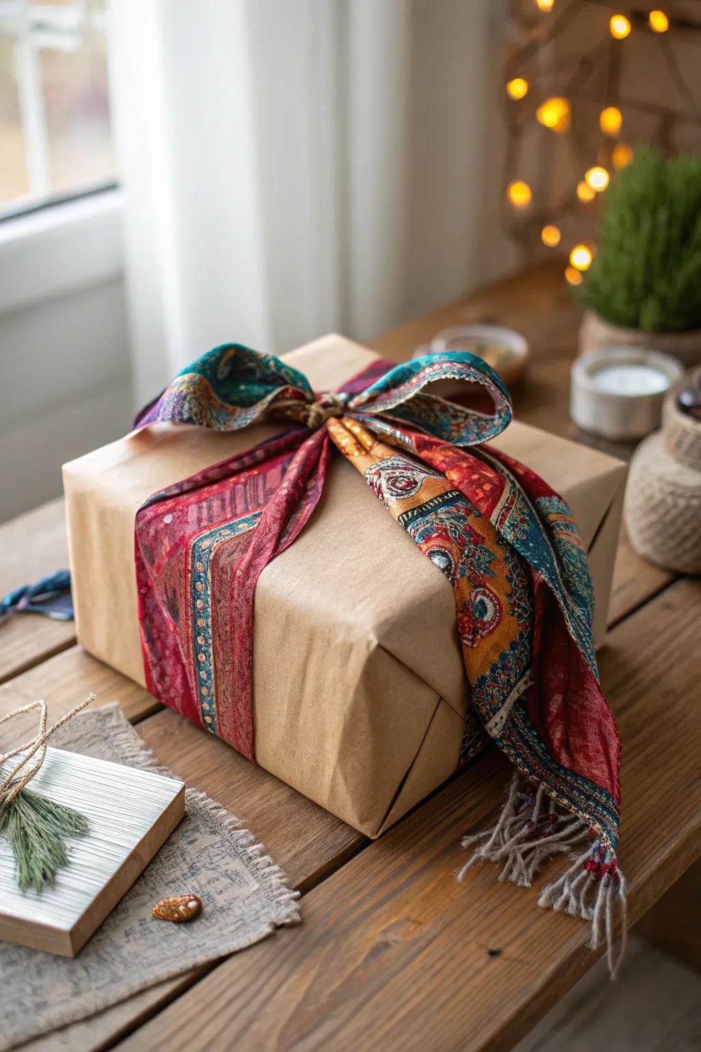 Elevate your gift wrapping with a touch of bohemian elegance using colorful fabric strips and kraft paper!