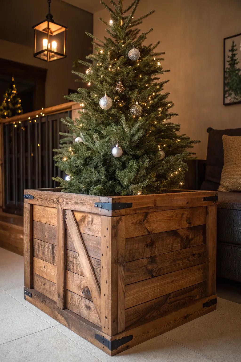 Elevate your festive spirit with a handcrafted wooden crate as the perfect rustic Christmas tree base.
