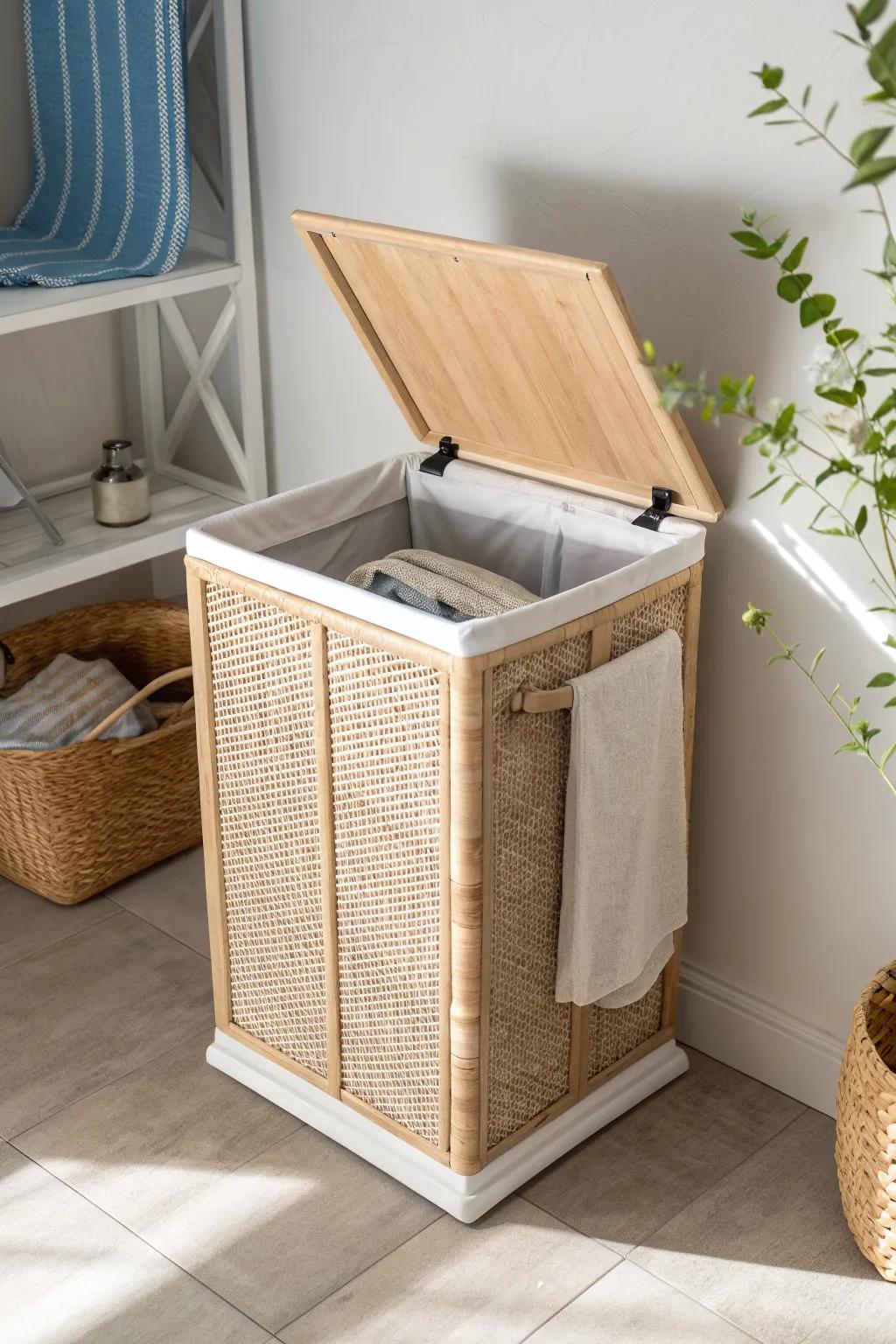 Flip-top hamper turns into a chic folding station—minimal, boho, and made for the tiniest laundry spot.
