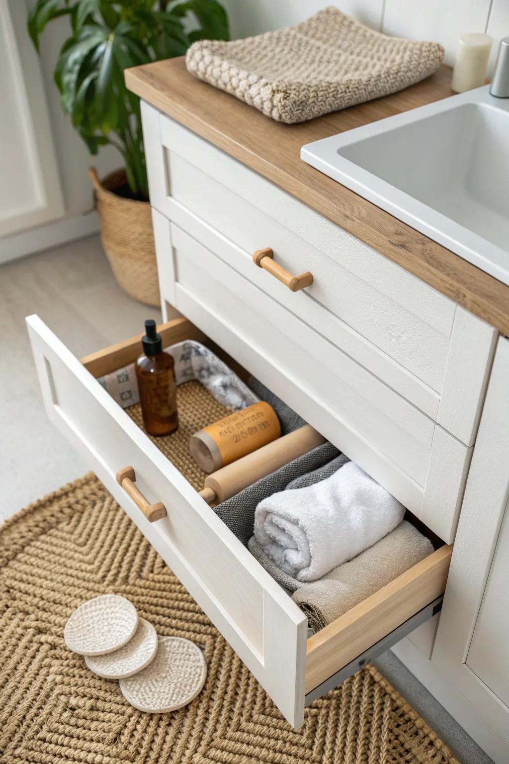 Hidden toe-kick drawer keeps lint rollers and stain tools tucked away—so sleek and tidy.