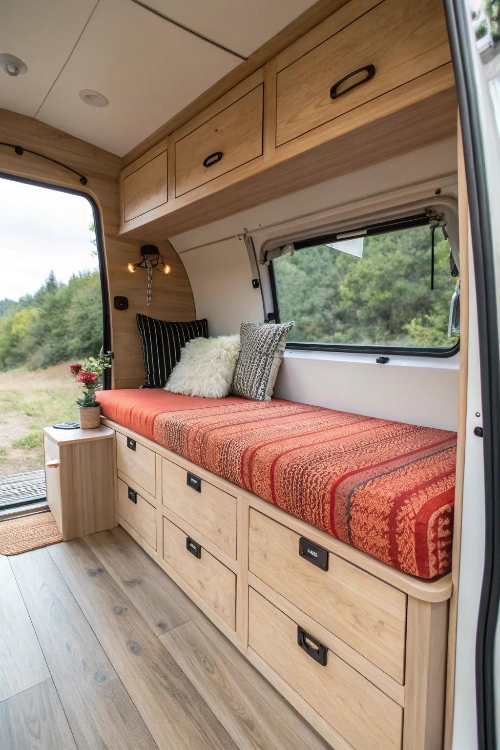 Off‑center aisle magic: one slim utility lane, one deep cozy bench for a custom van feel.