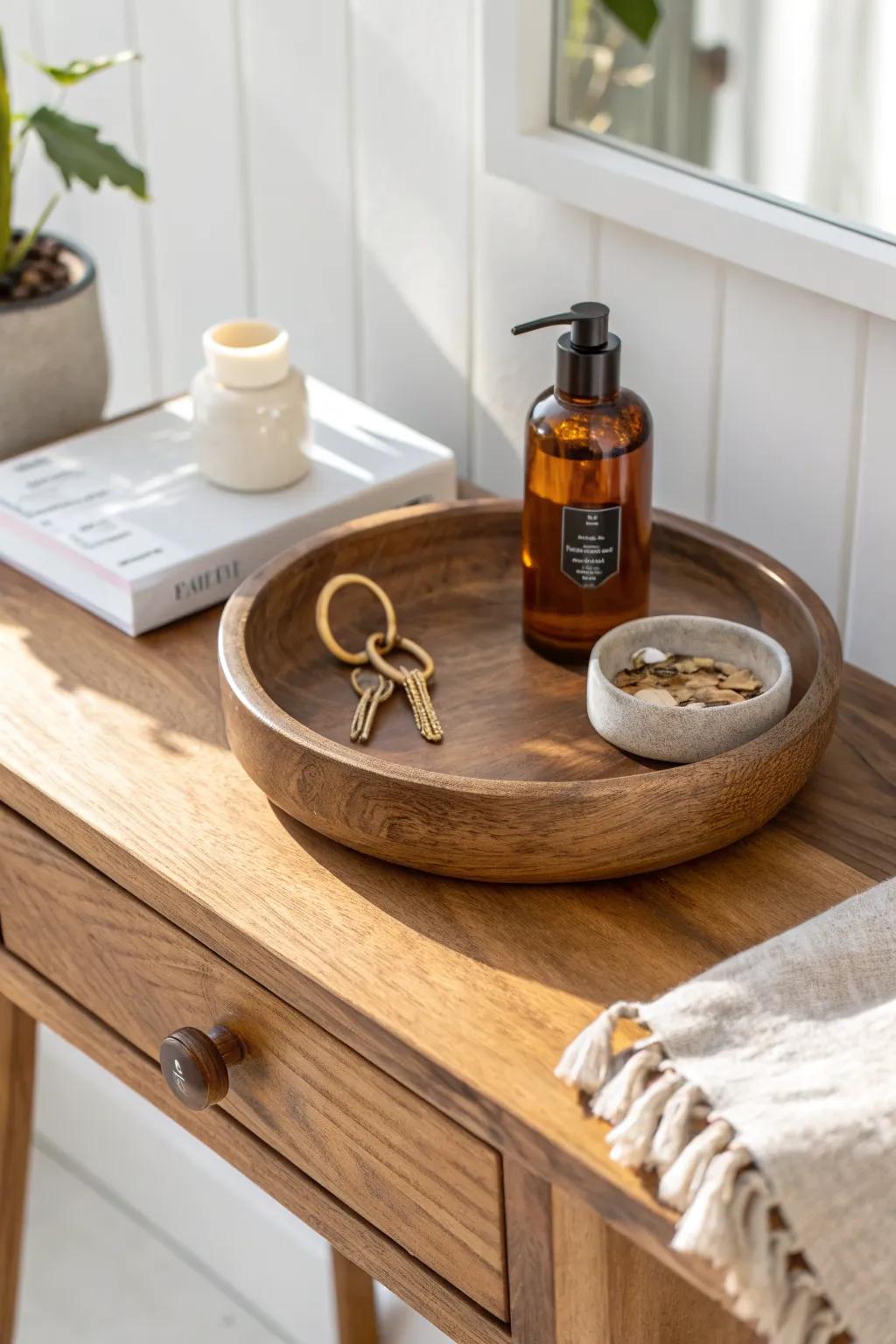 Tiny-entryway hero: a chic lazy susan drop zone keeps keys, cream & coins in one spin.
