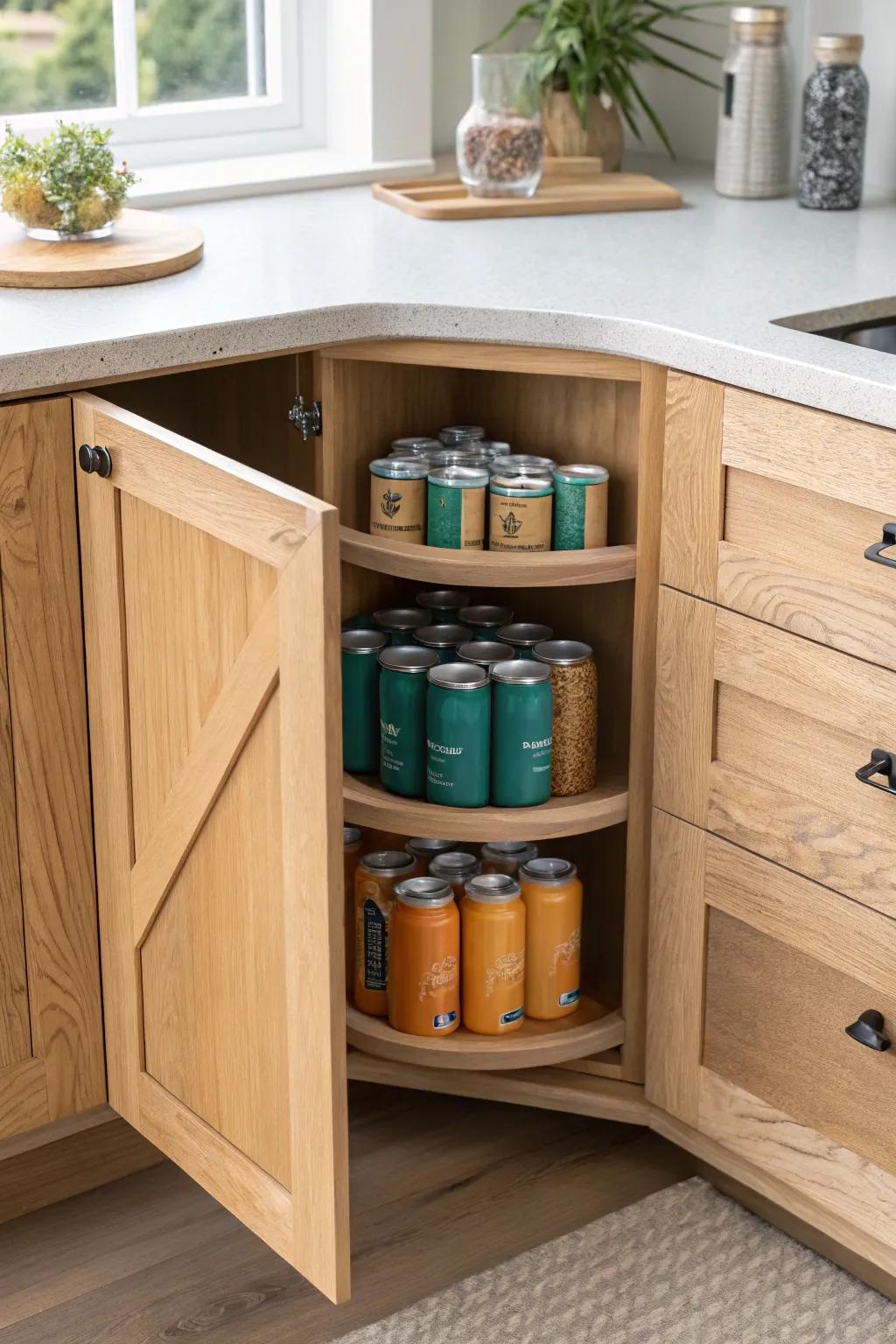 Swap the lazy Susan: a chic diagonal can rack keeps bottles snug and cabinets looking custom.