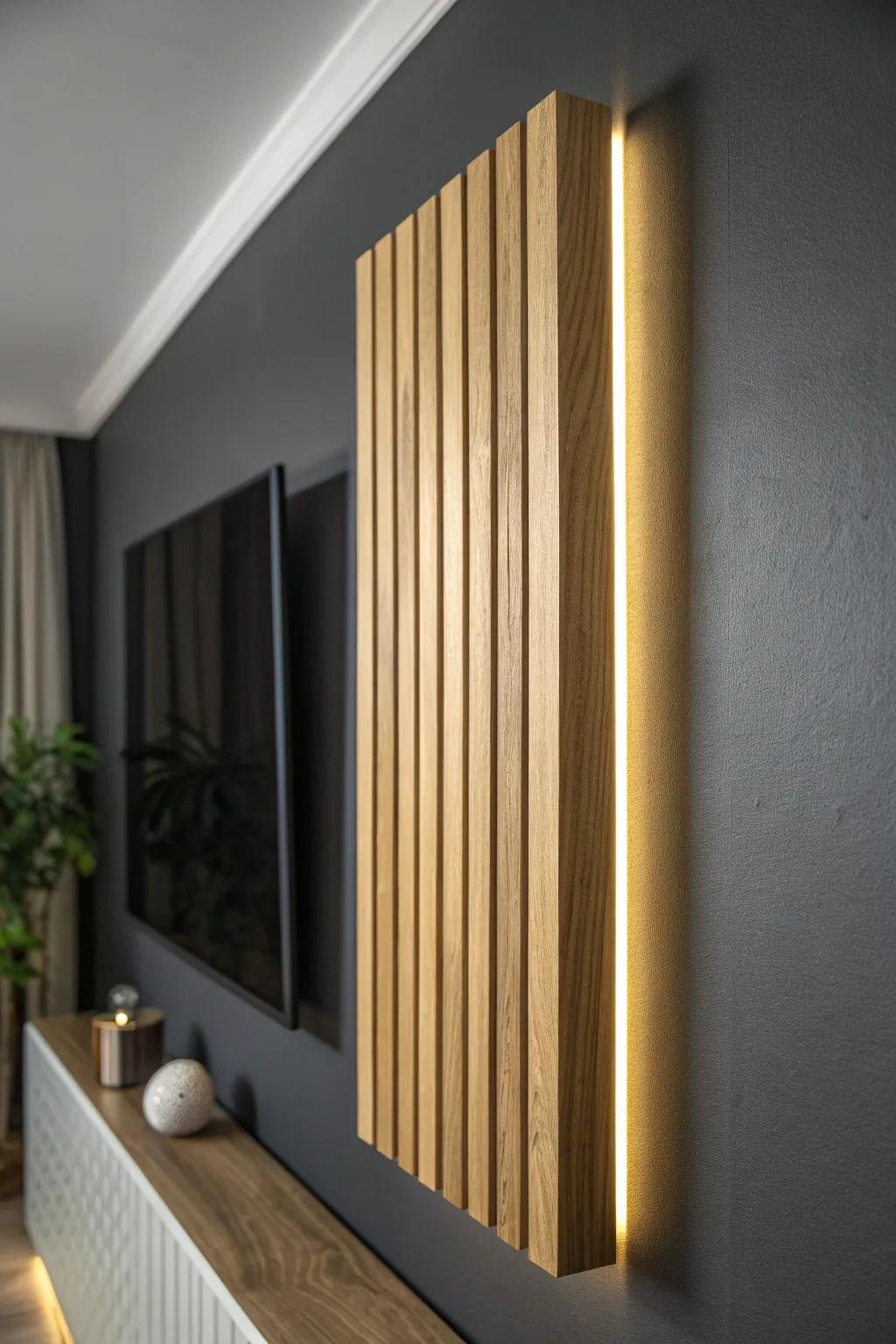 Floating oak slat panel with hidden LED shadow-line makes a tiny bedroom wall look luxe.