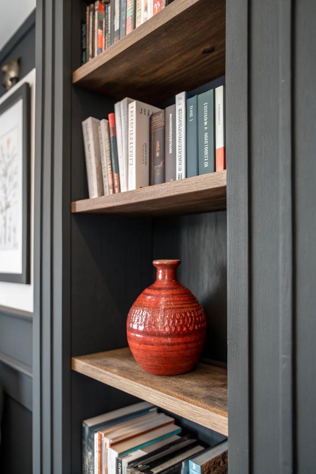 Moody charcoal shelves + one terracotta statement piece for a cocoon-like library nook.