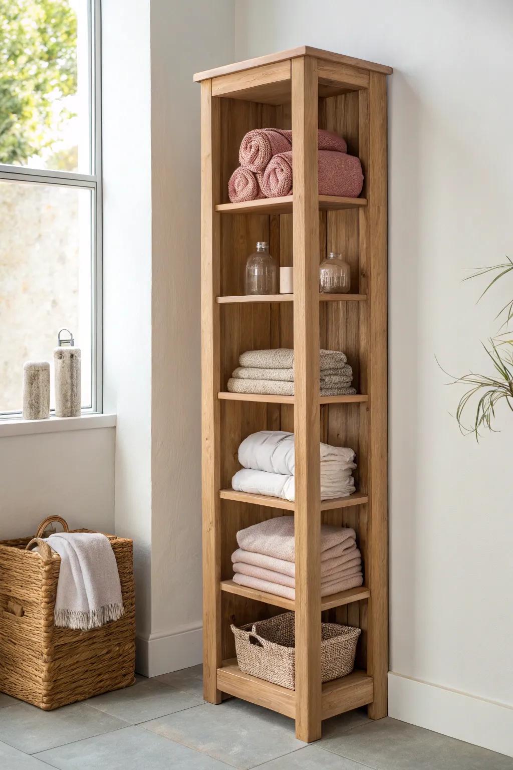 Vertical cubbies keep every linen in its own spot—no stack creep, just calm, tidy shelves.