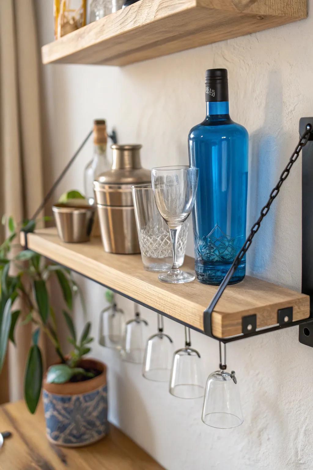 Peg-rail liquor shelf: hang shaker, jigger, and glass to free drawer space in style.