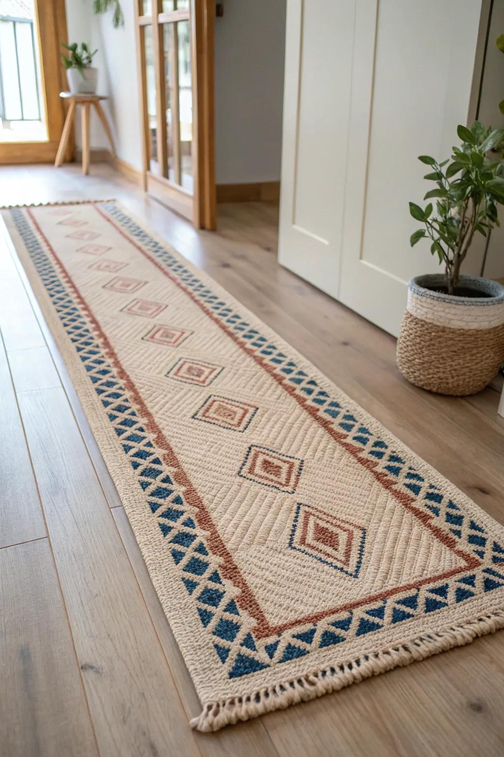 A long runner rug creates a chic “border” to define living vs. dining—no walls needed.