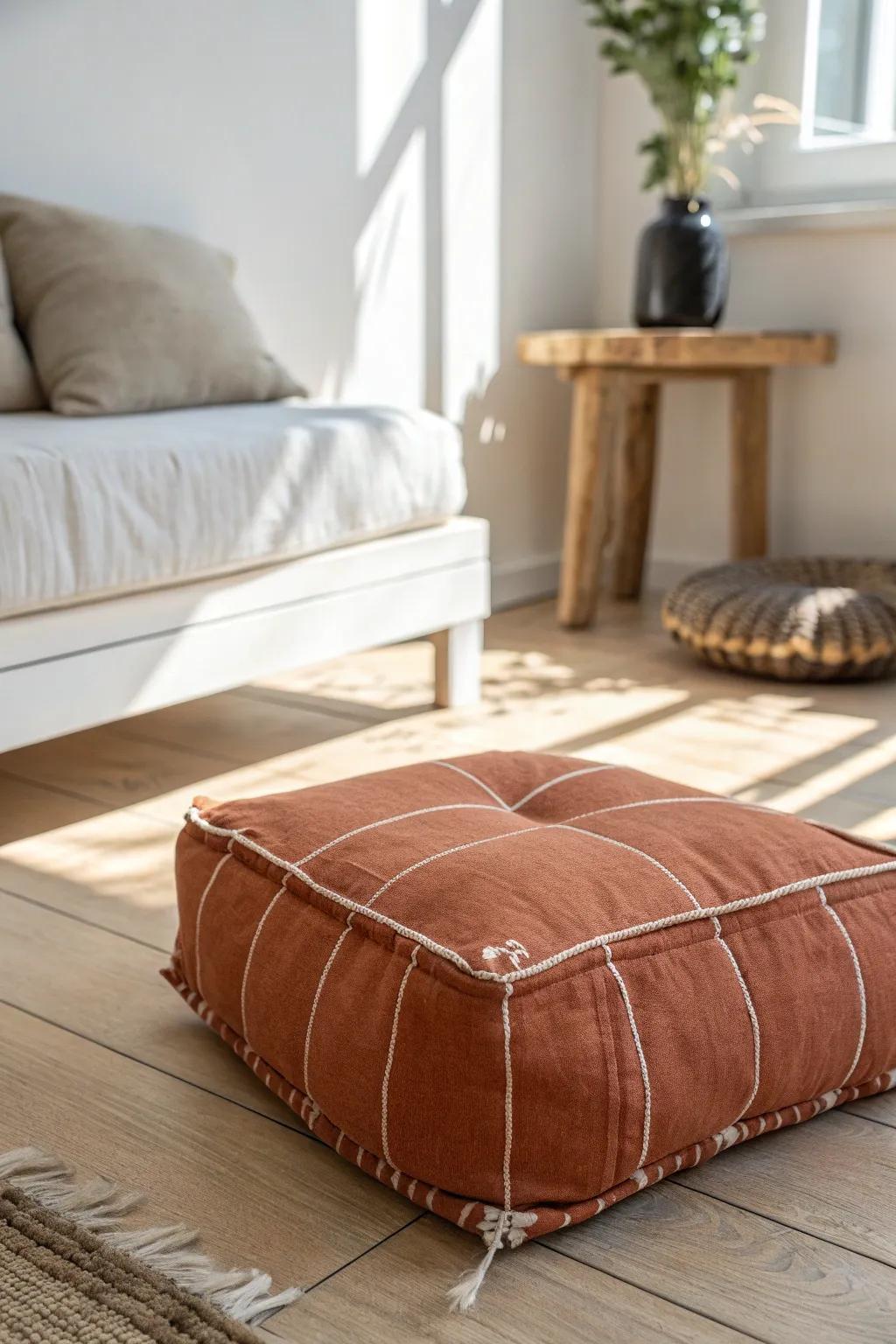 Create a cozy stretch zone by the daybed with one bold, handcrafted floor cushion.