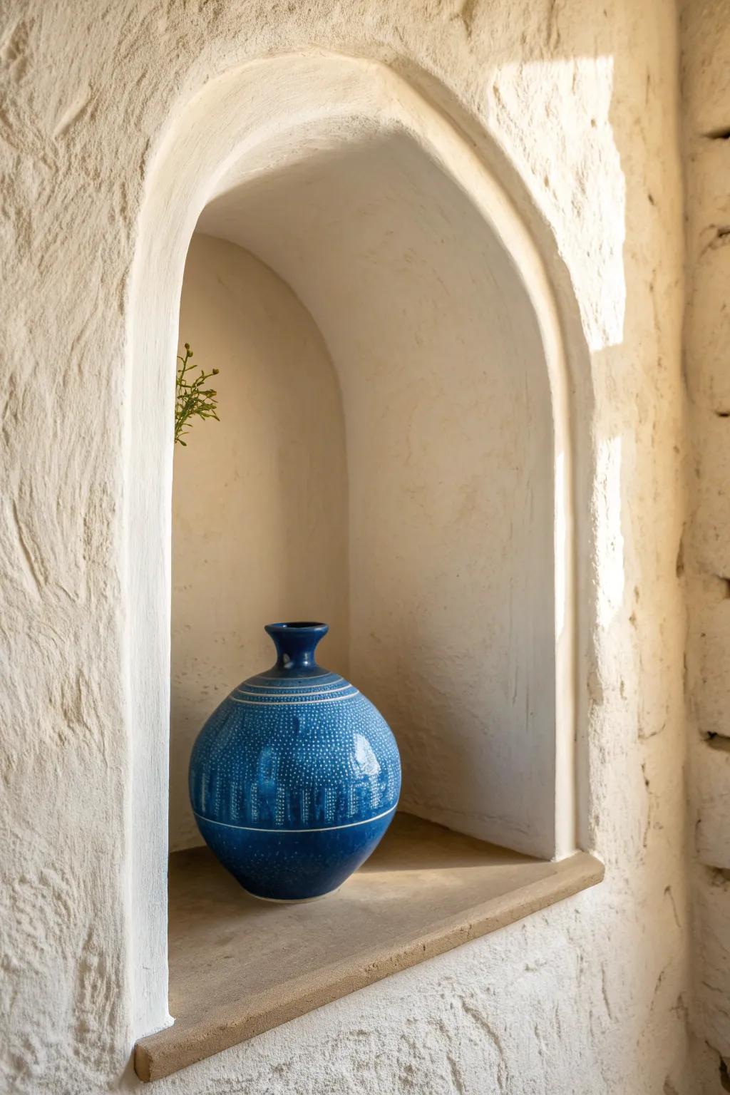 Arched plaster niche, styled with one bold vase—texture and contrast do all the work.