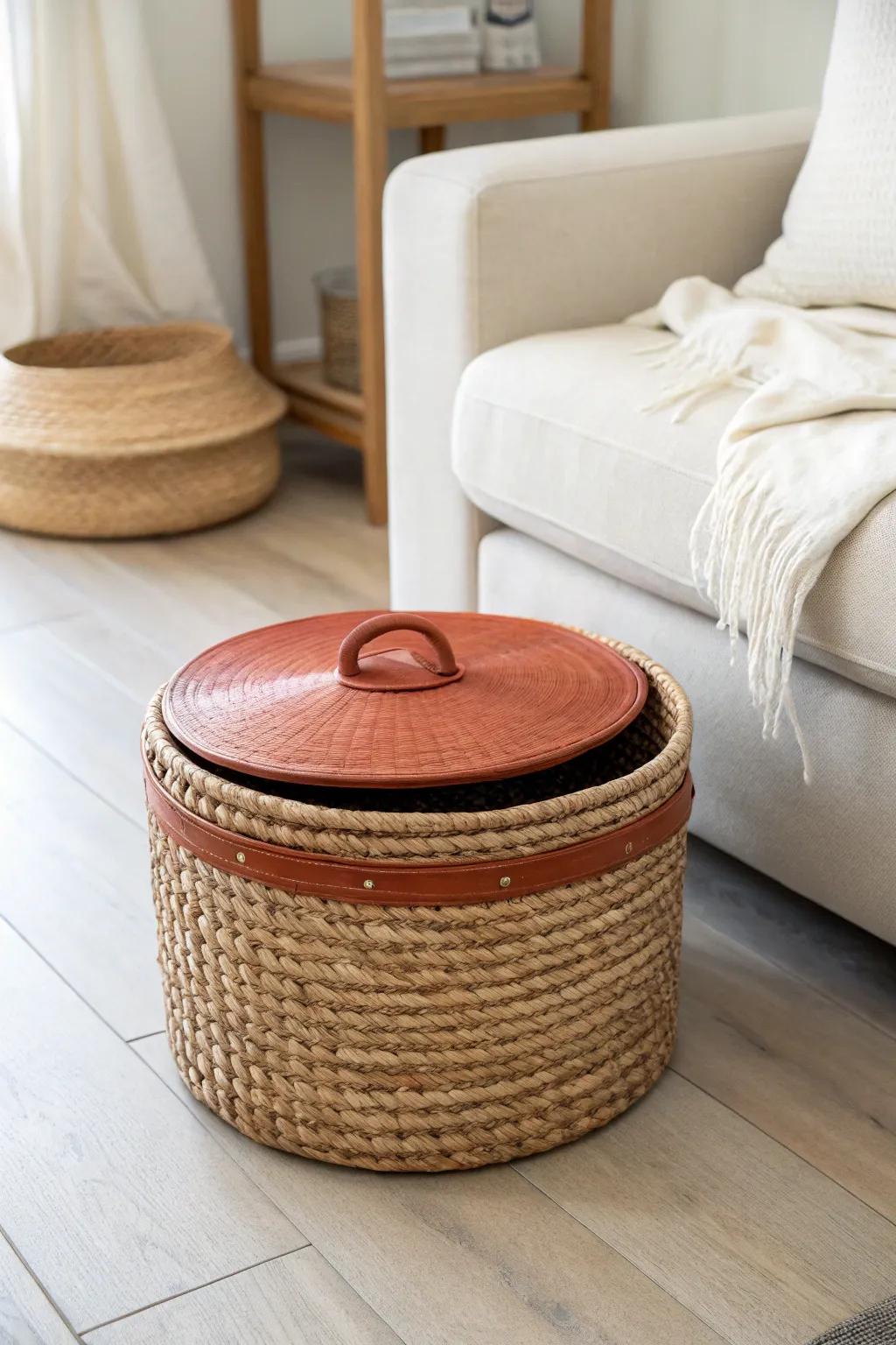 A chic lidded basket pet station that hides toys and treats—calm, tidy, and beautiful.