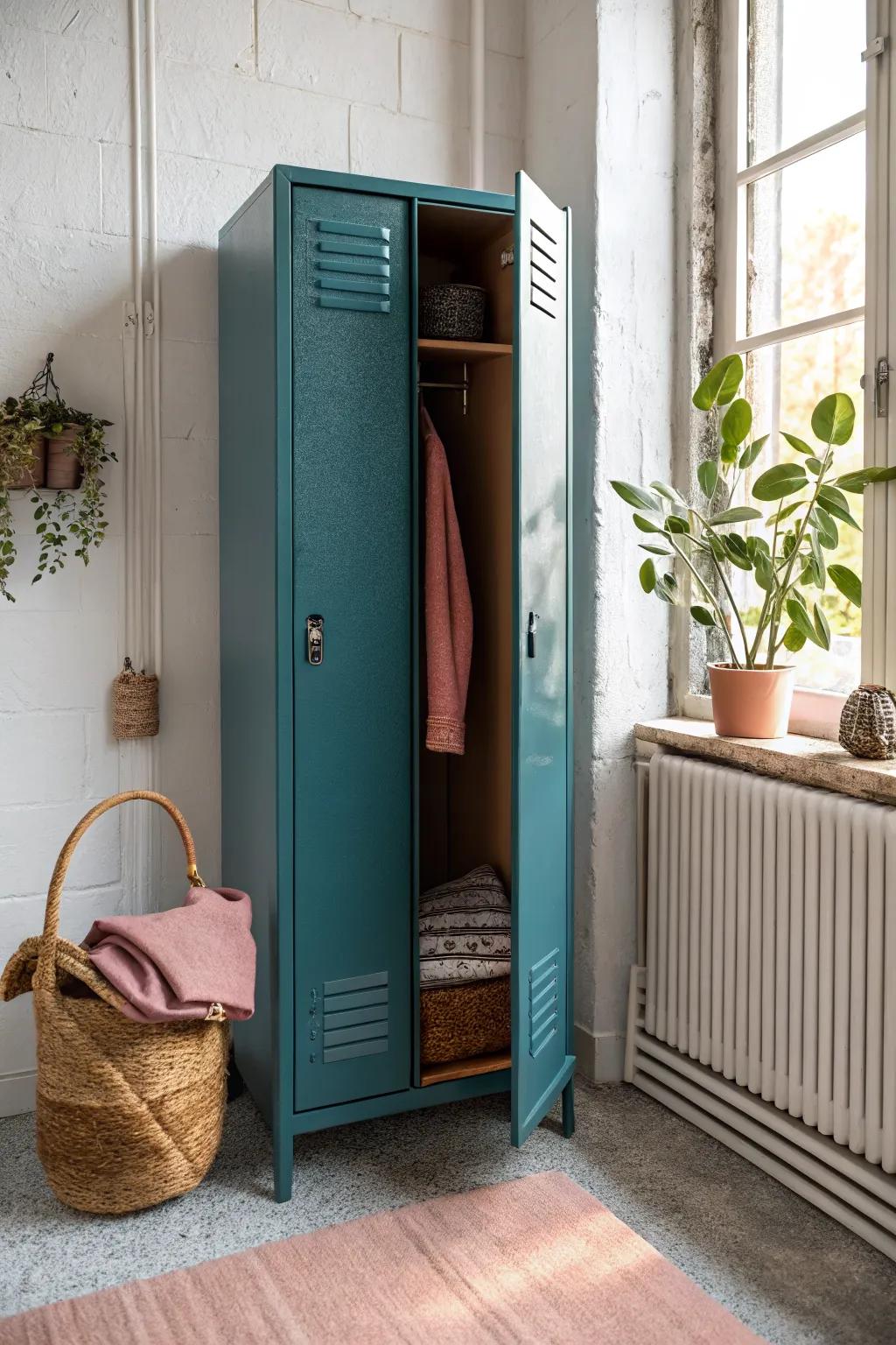 Felt-lined locker panels bring cozy, quiet storage—minimal, chic, and small-space friendly.