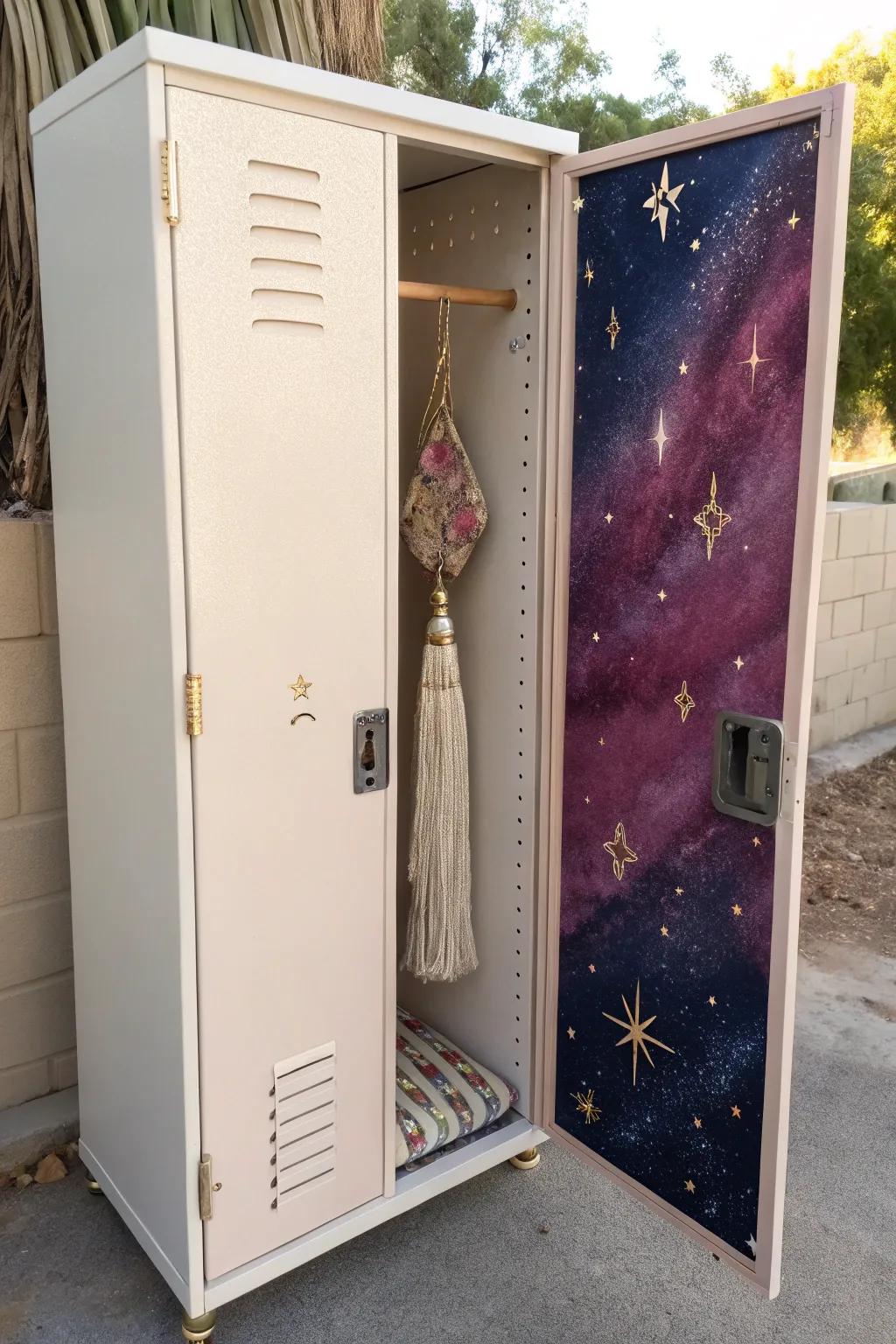 Minimal on the outside, a galaxy ceiling and starry door surprise every time it opens.
