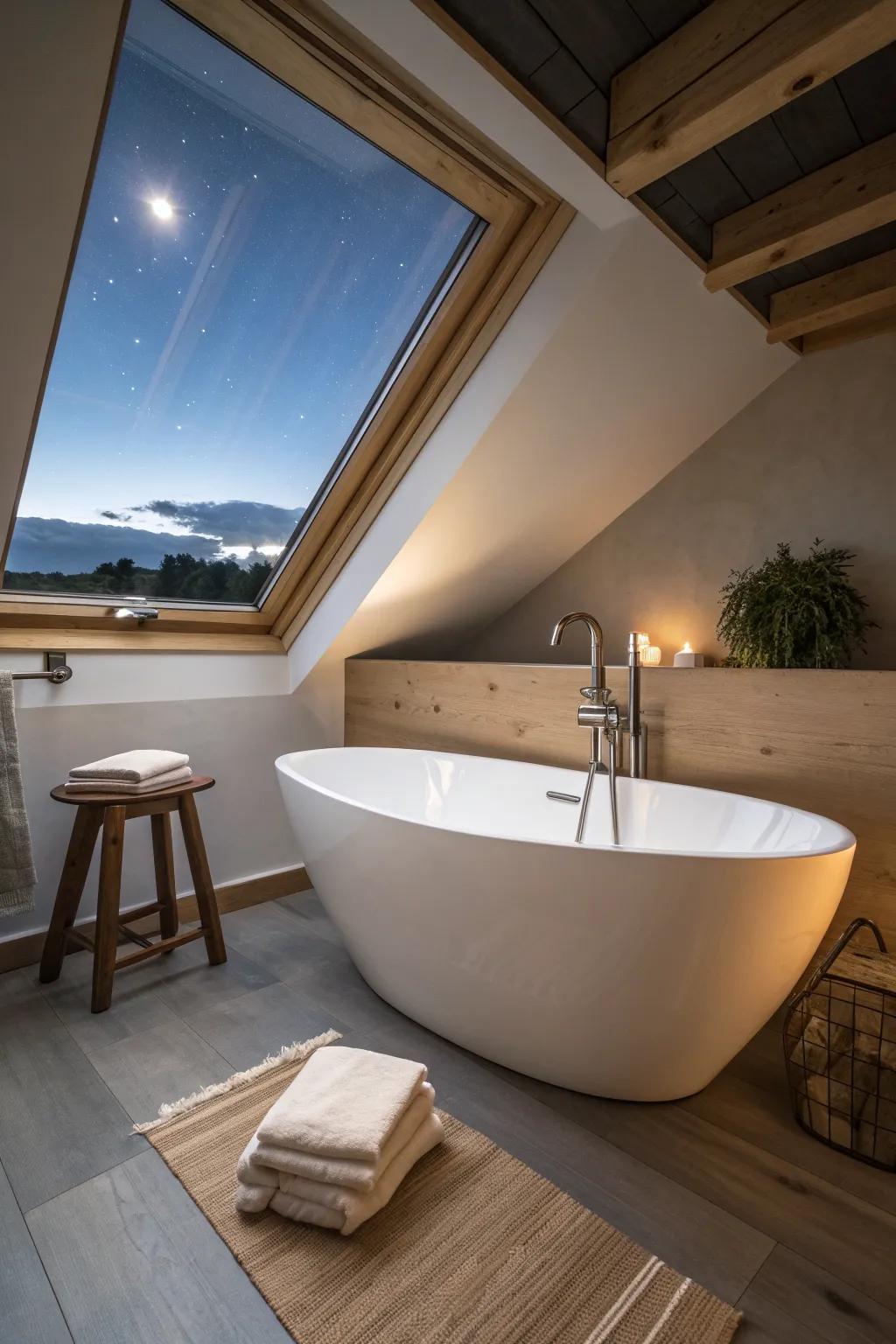A dreamy night-sky bath: place a sculptural tub under the skylight and let the ceiling steal the show.