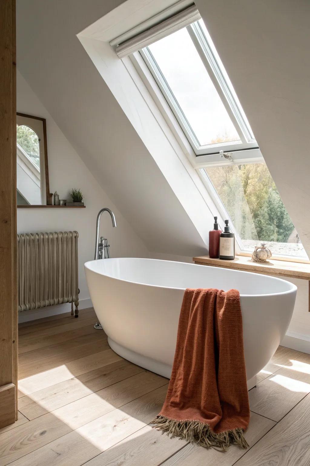 Freestanding tub by the brightest loft window—minimal, airy, and instantly boutique-suite.