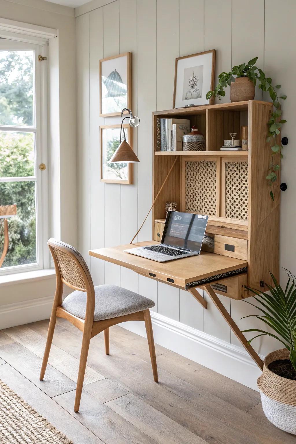 A fold-away oak loft desk with hidden cord control—office by day, calm home by night.