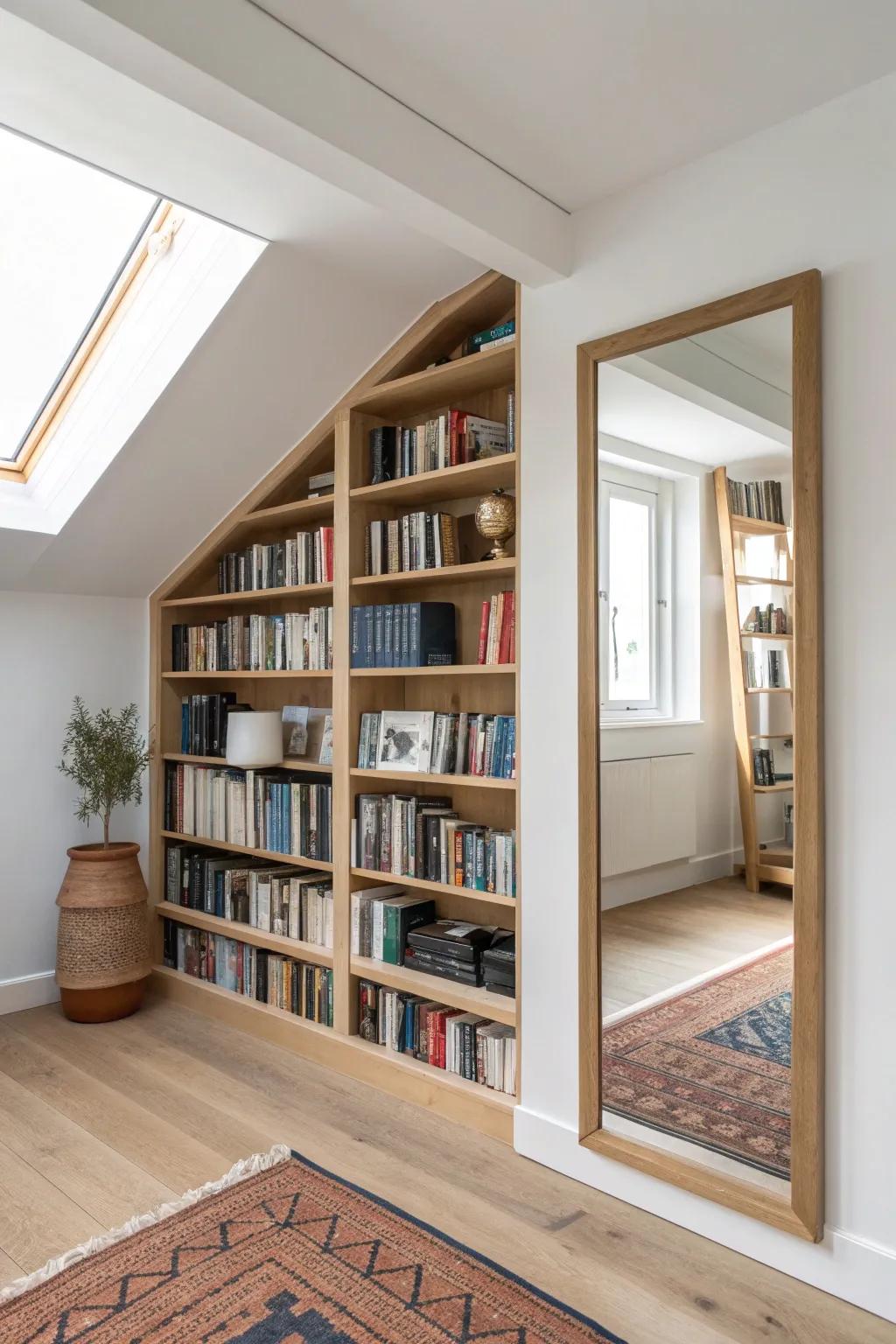 A ceiling mirror panel doubles the loft library feel—brighter, taller, and wonderfully endless.