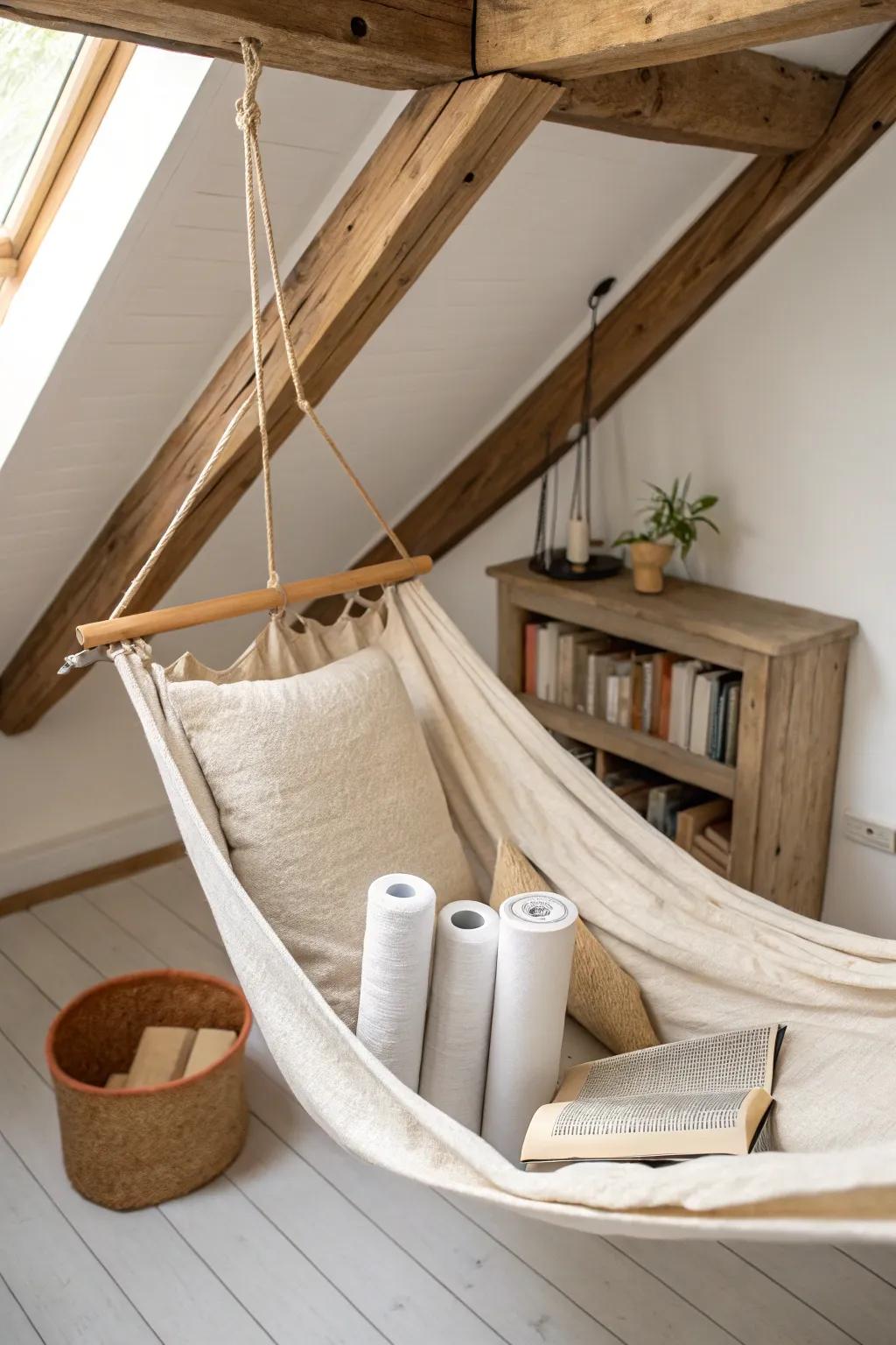 A chic rafter sling uses loft overhead space—minimal, boho, and perfect for light storage.
