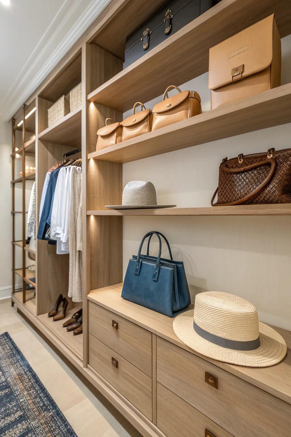 Turn the top shelf into a mini boutique—handbags and hats displayed high and beautifully.