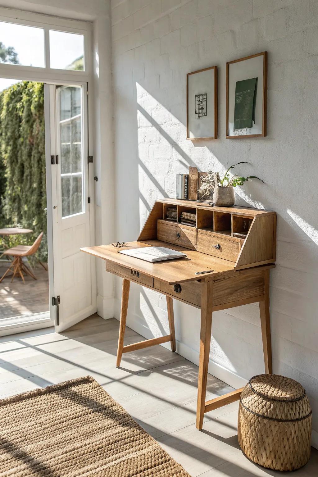 A slim wall-mounted desk turns a narrow sunroom into a bright workspace—without blocking flow.