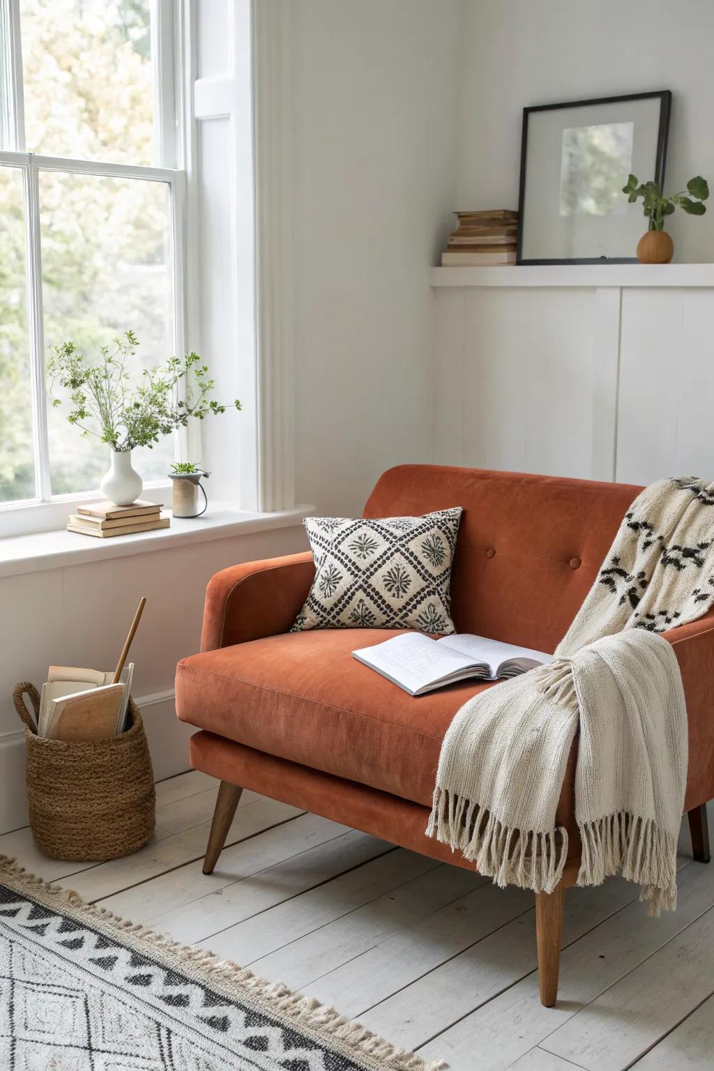 Make your bedroom loveseat a no-screens ritual seat for journaling, stretching, and calm.