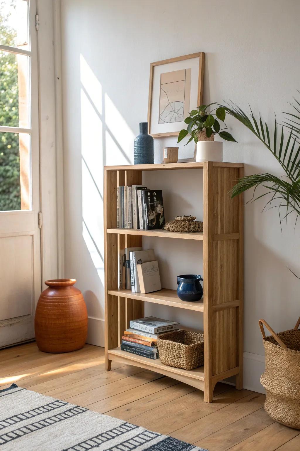 A low oak bookshelf divider that zones your studio—airy sightlines, cozy grown-up style.