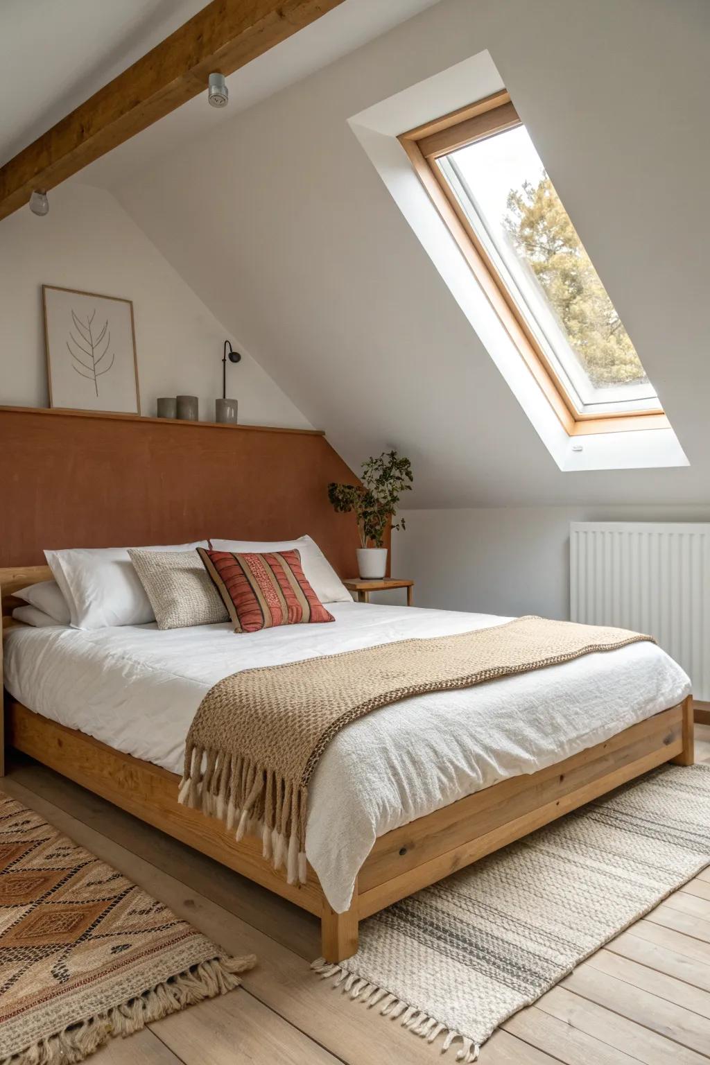 A bold horizontal color-block lifts the wall line, making a low-ceiling bedroom feel taller.