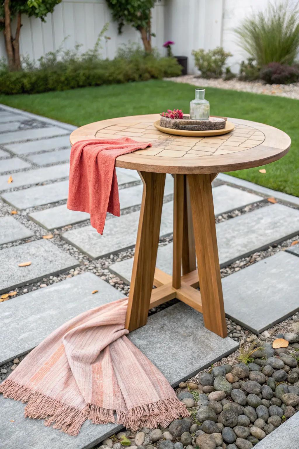 A tiny dining patio made chic—pavers + a crisp rock border for a no‑grass backyard.