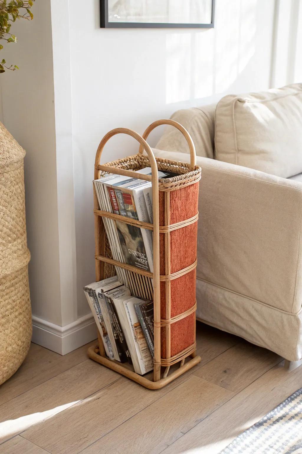 Turn the tiny sofa-to-wall gap into chic magazine storage with a slim handcrafted holder.