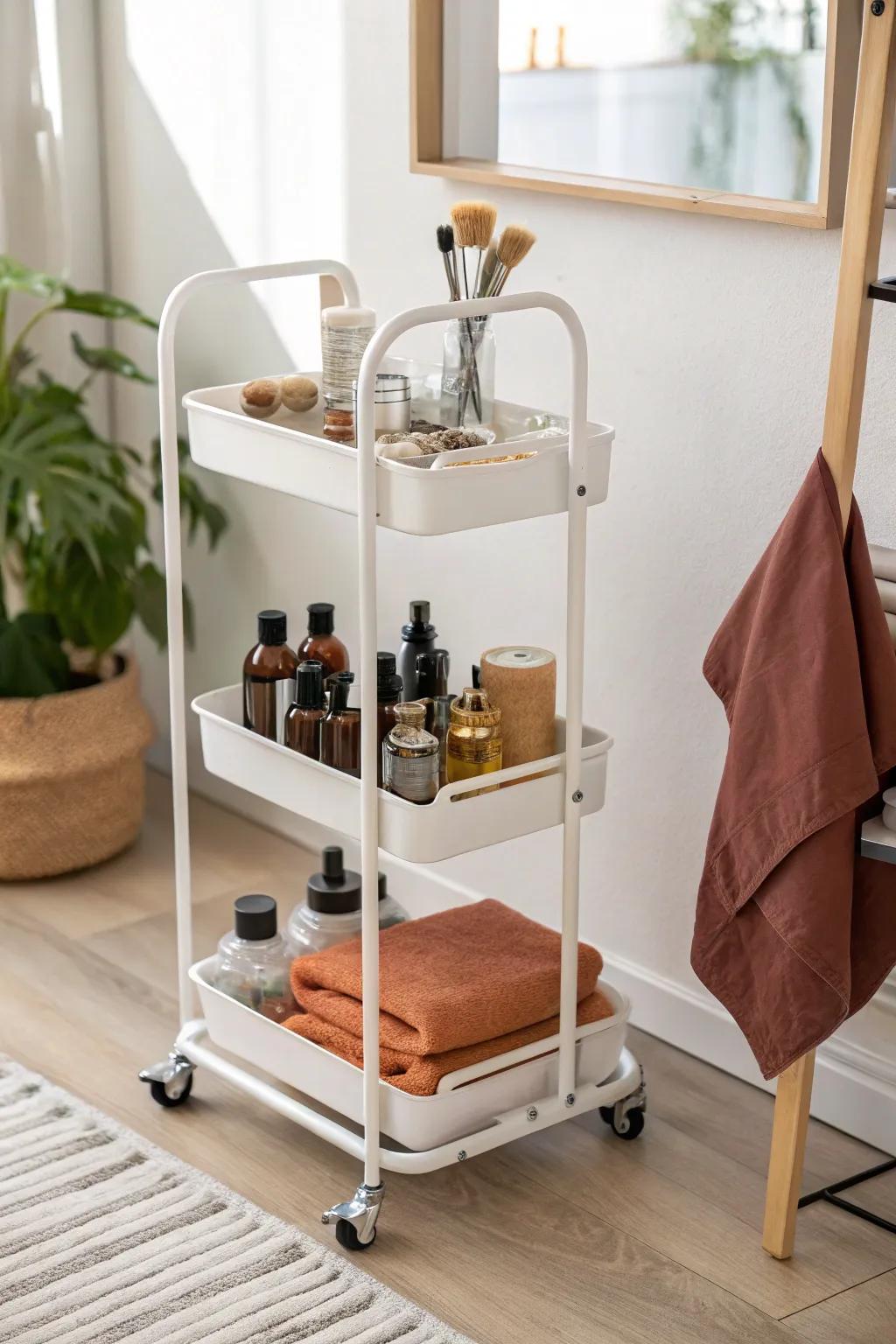 A slim rolling makeup cart that tucks away fast—minimal, boho, and beautifully organized.