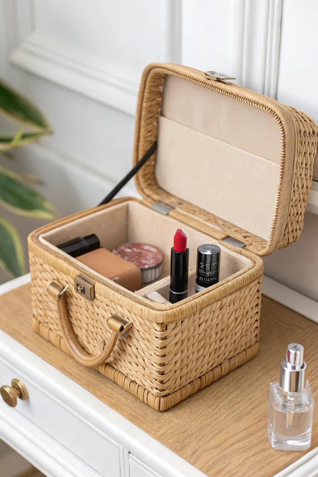 A pull-out makeup caddy that keeps your desk-vanity tidy and travel-ready in under a minute.