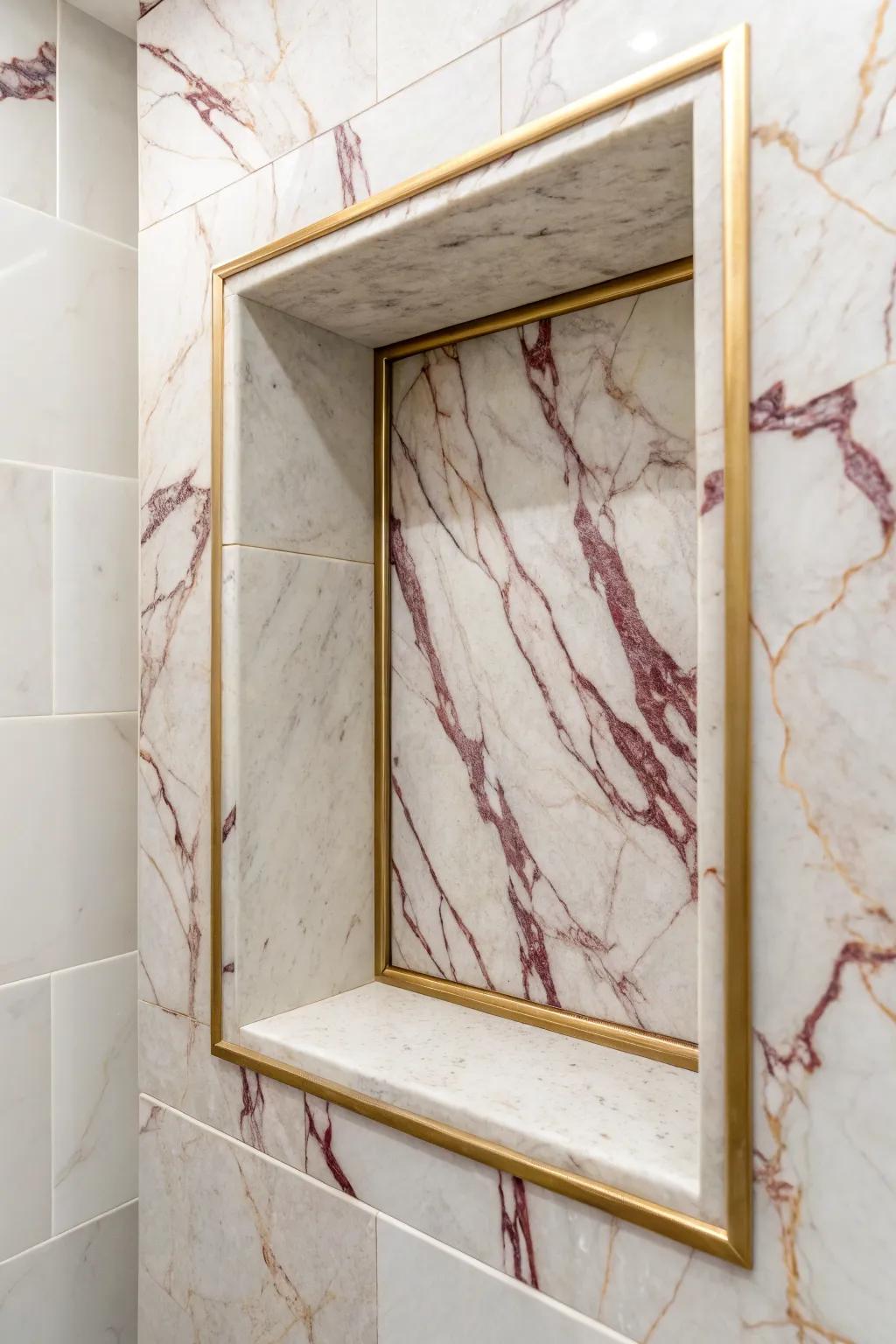 Waterfall marble veining makes this shower niche look seamless, custom, and undeniably luxe.