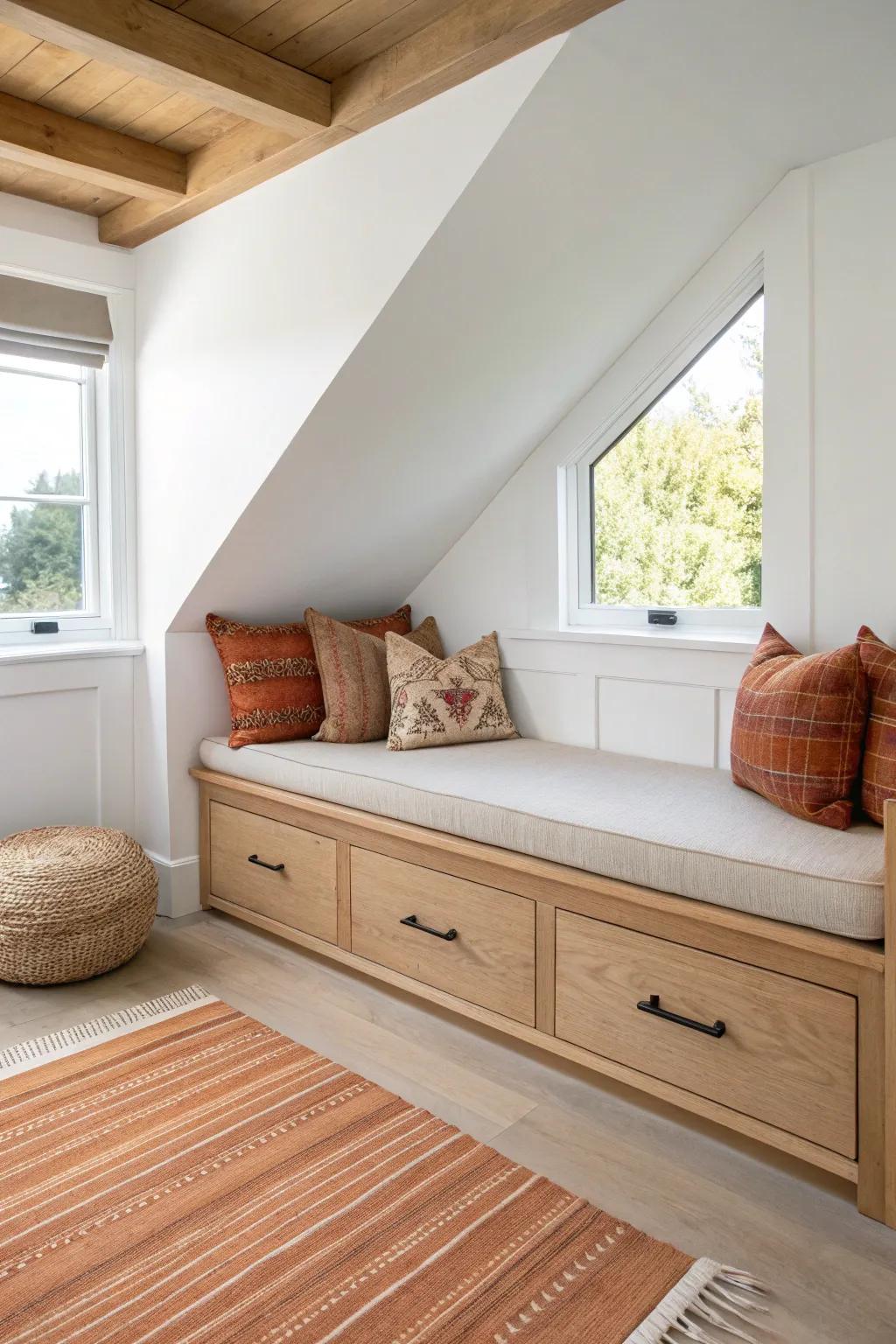 Turn that awkward slope into a chic bench nook—hidden drawers keep your bedroom serene.