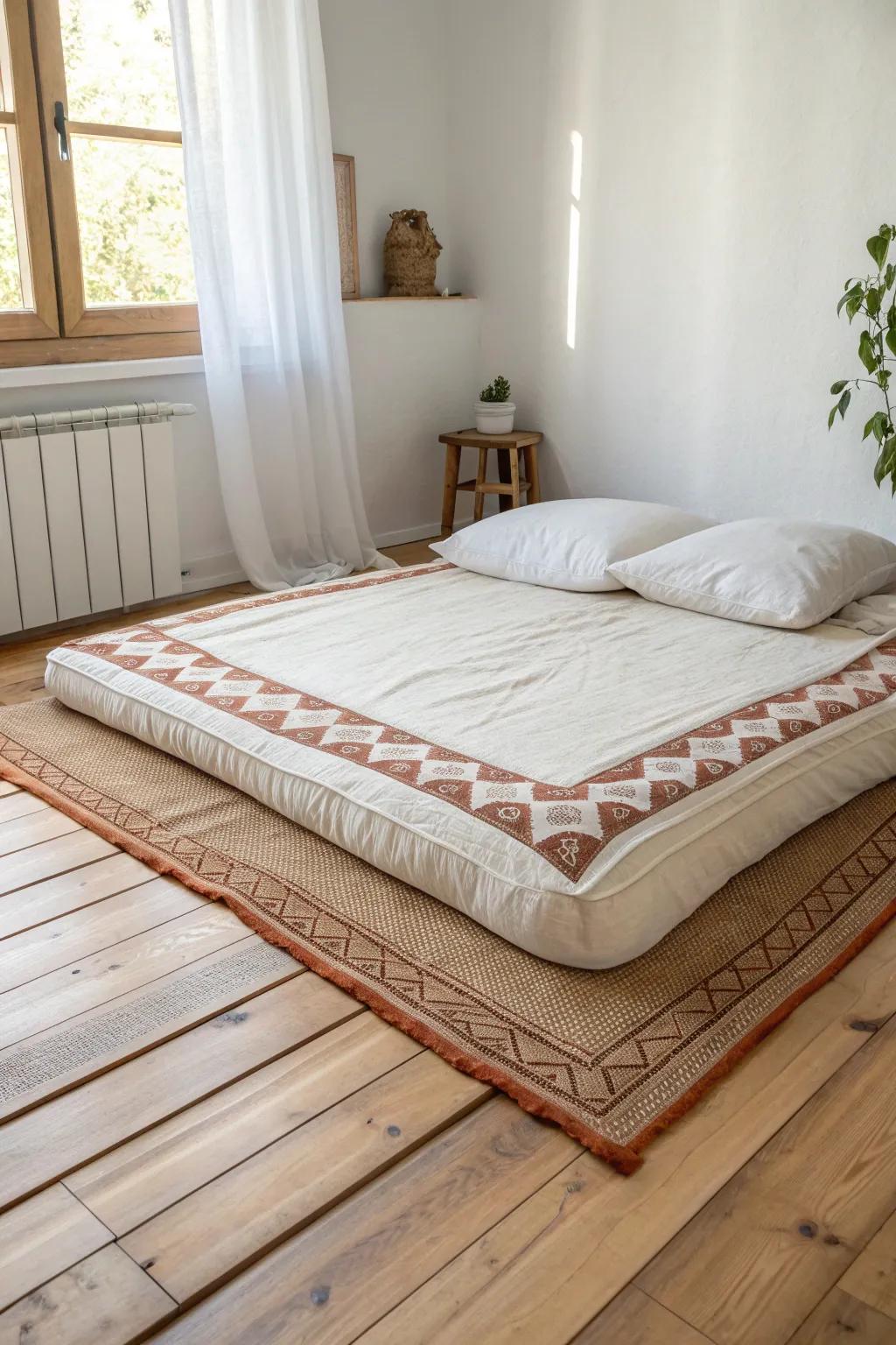 A painted rug-border frame makes a simple floor mattress look styled, even in tiny rooms.