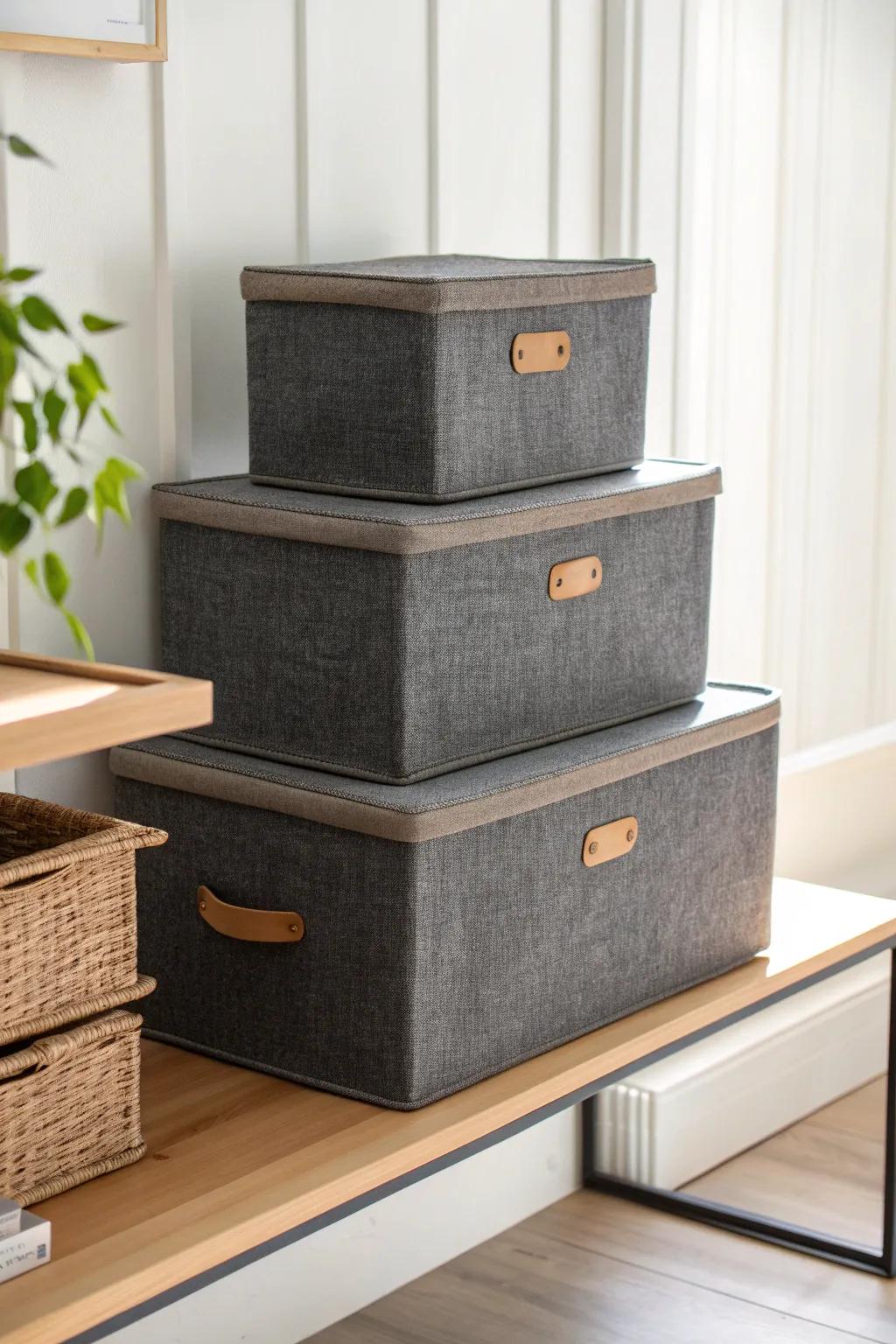 Matching charcoal storage boxes keep open shelving sleek—hide cables and gear in style.