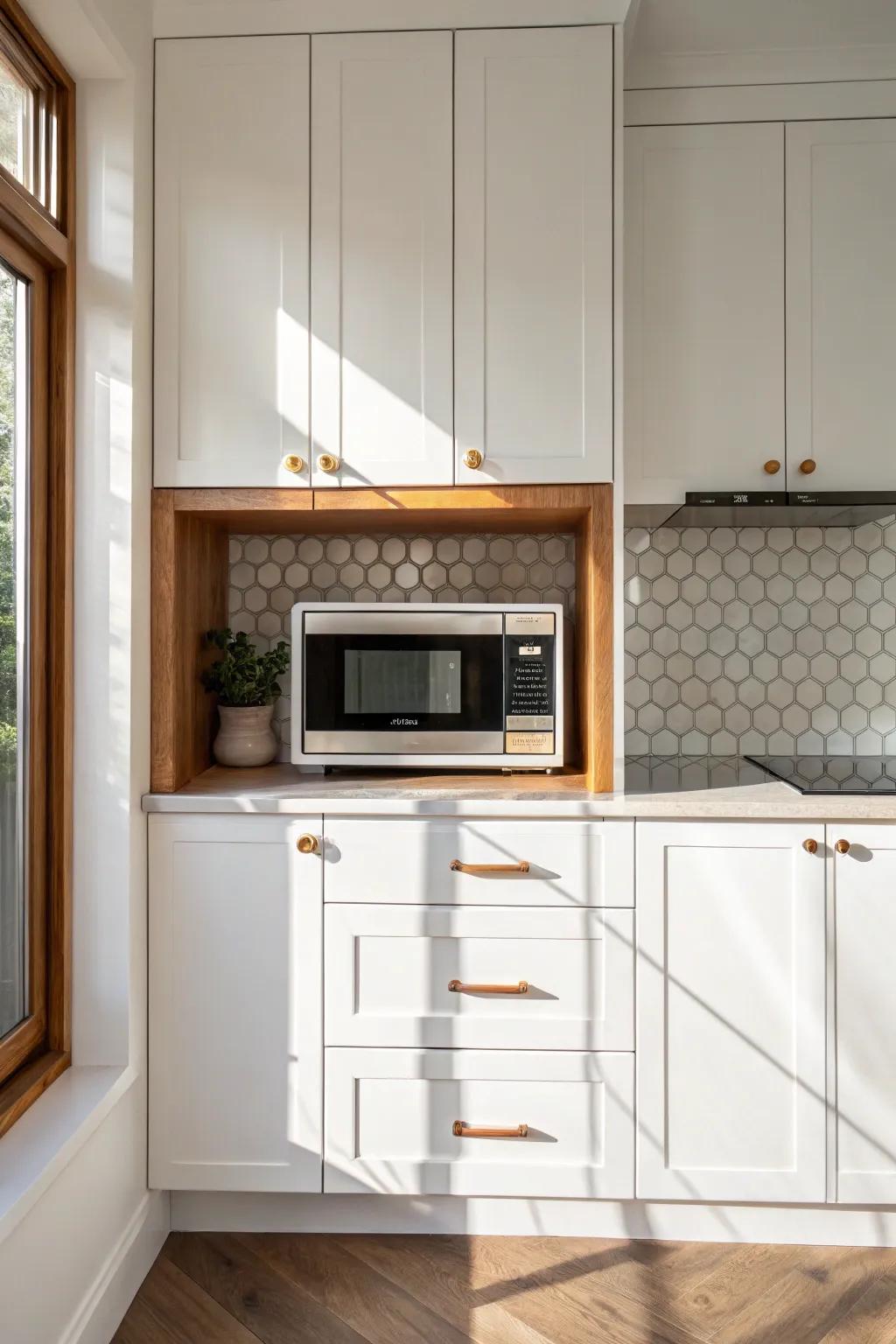 Over-the-fridge microwave niche: sleek, space-saving, and beautifully high-contrast.