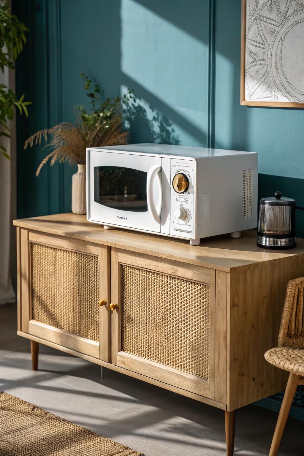 Dining-sideboard reheat station: a chic microwave setup that keeps the kitchen traffic-free.