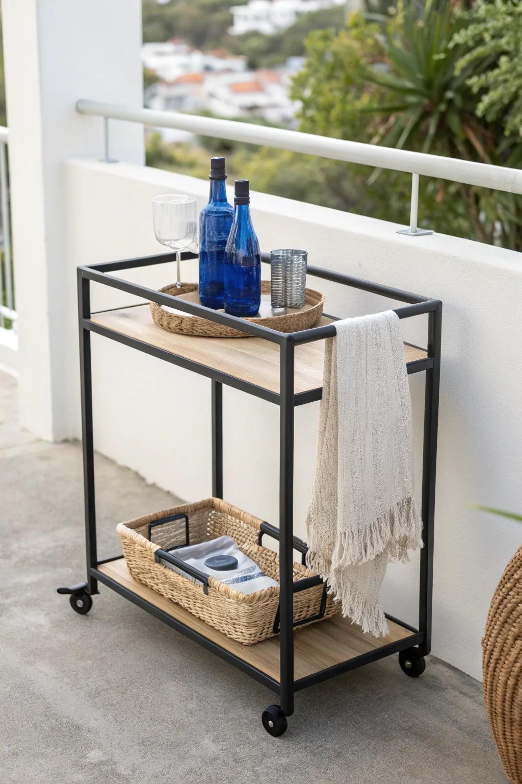 Balcony mini bar on a slim cart—weather-ready storage and bold color for fresh-air sips.