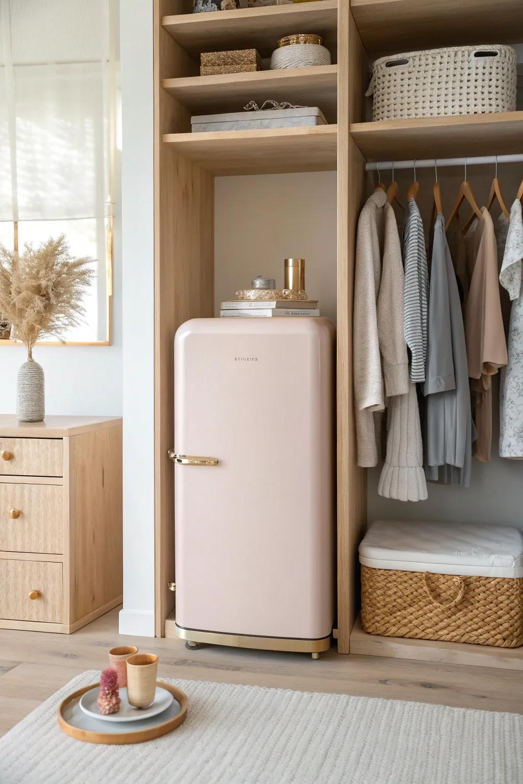 Turn your closet into a chic refreshment zone with a mini fridge that feels like a suite.