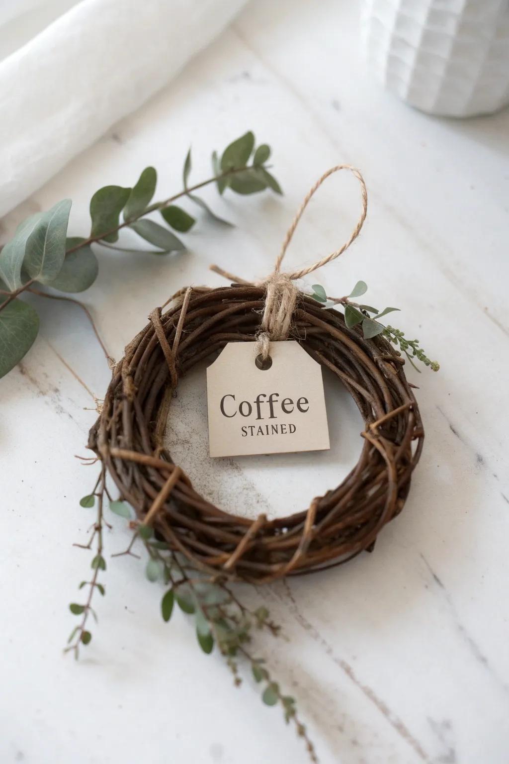 Coffee-stained tags add instant vintage charm to a mini wreath—perfect for gifts or quick styling.