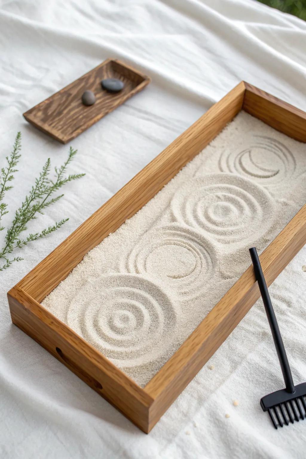 Moon-phase sand rakes in a mini zen garden—minimal, bold contrast, daily calm ritual.