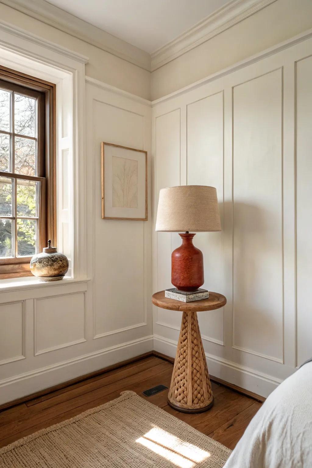 Tone-on-tone off-white walls and trim blur edges—one bold terracotta lamp adds calm contrast.
