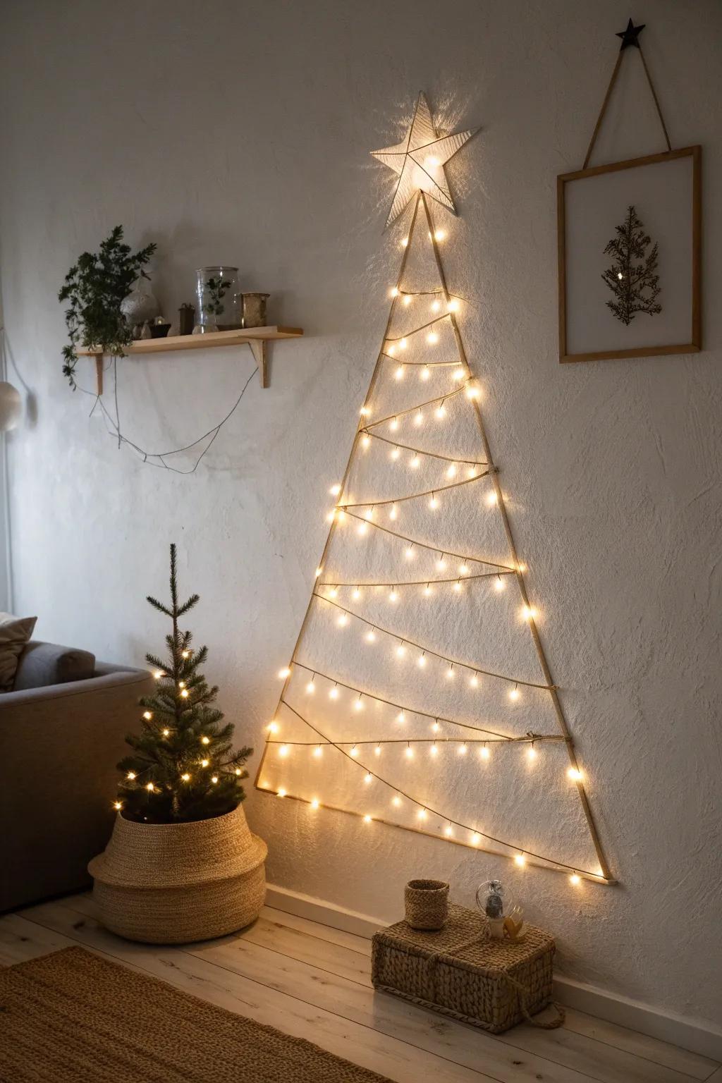A chic wall “tree” of string lights—minimal, space-saving, and instantly cozy at night.