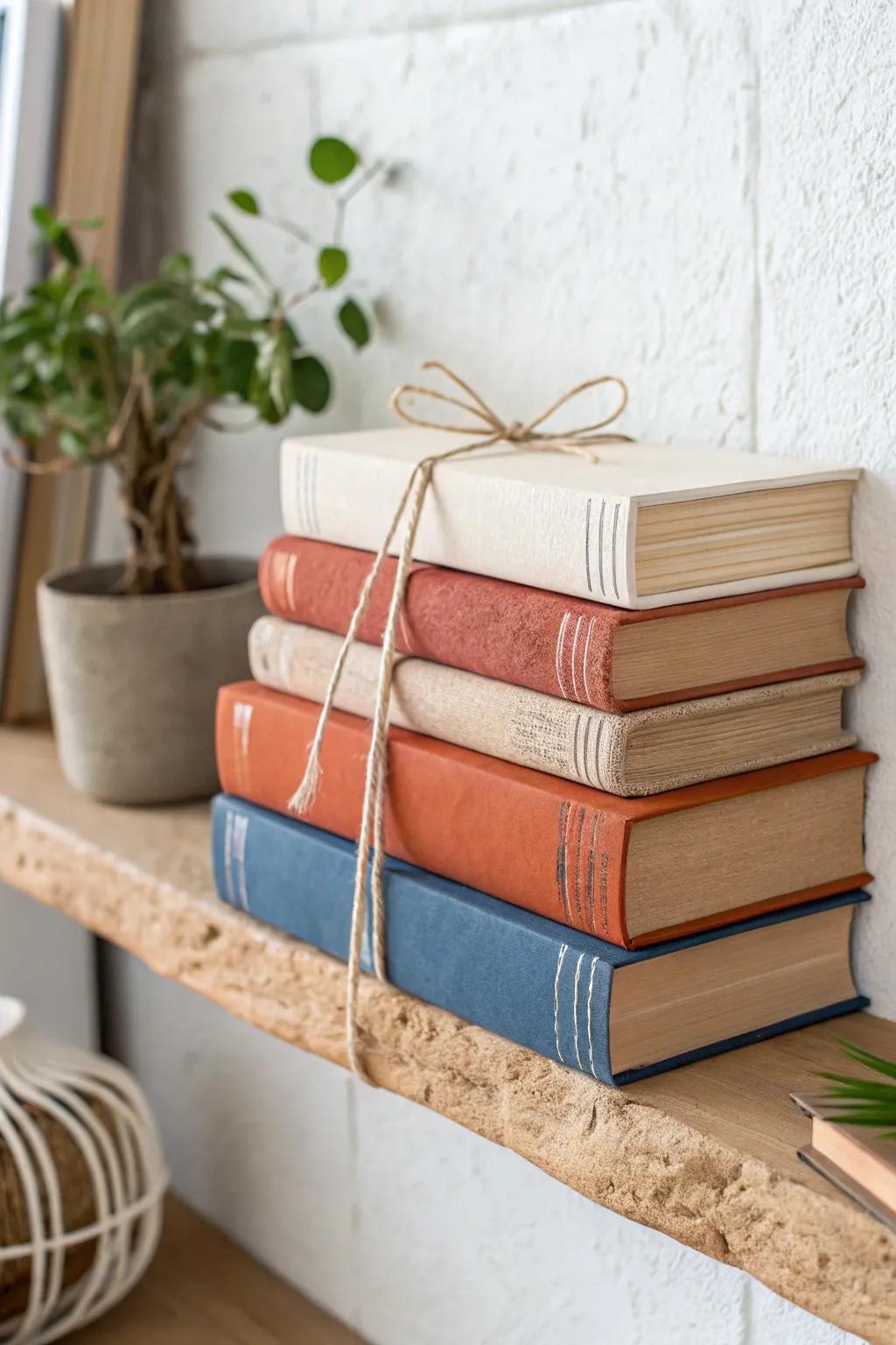 Turn favorites into art: calm spines, varied heights, and one bold color for minimalist shelves.