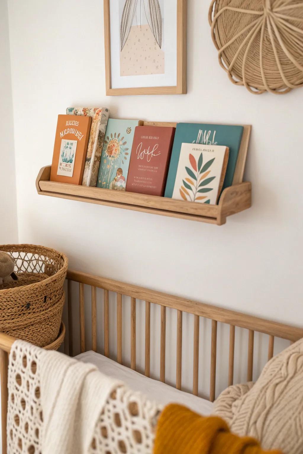 A minimalist baby library wall: front-facing books on a slim ledge for instant style.