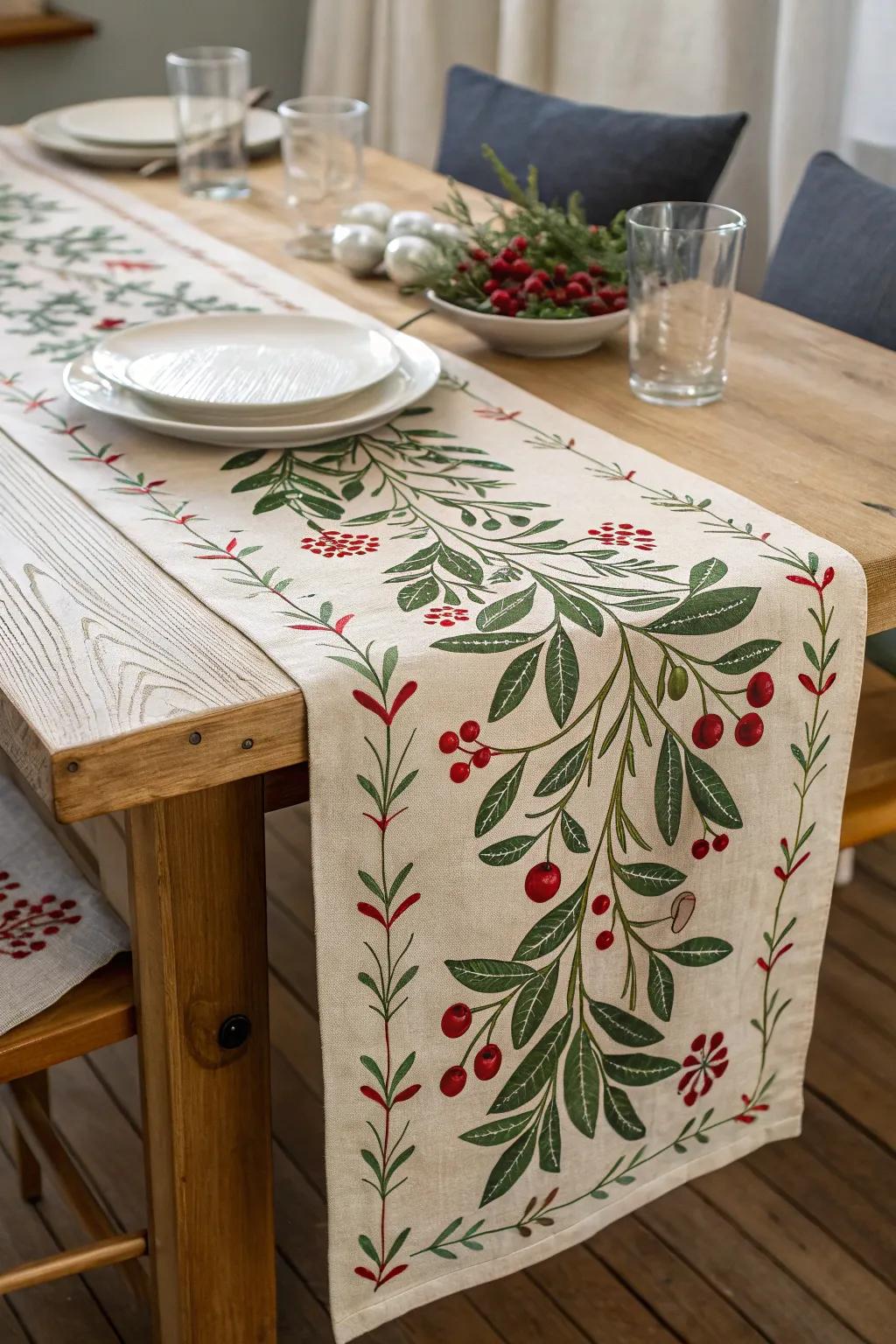 Elevate your dining experience with a handcrafted mistletoe table runner, blending festive charm with Scandinavian elegance.